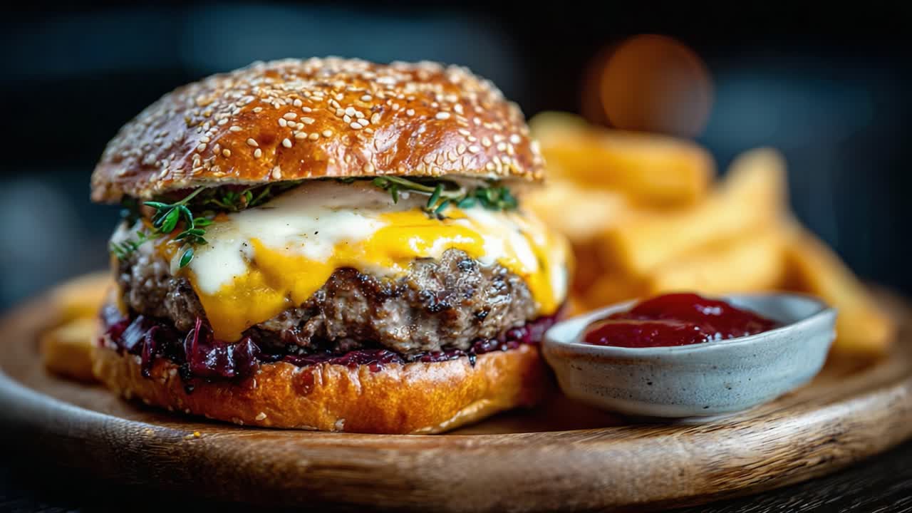 Succulento hamburger gourmet con formaggio fuso, erbe fresche e patatine fritte croccanti servito su un piatto rustico di legno, perfetto per amanti della buona cucina e appassionati di gastronomia