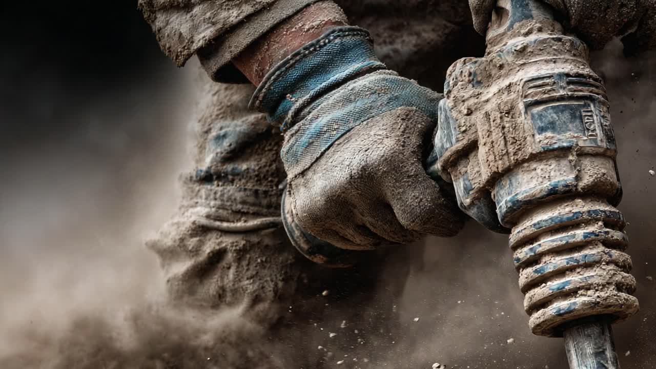 Close-Up of an Industrial Worker Operating a Powerful Hammer Drill, Highlighting the Strain and Skill Required in Heavy Construction Environments