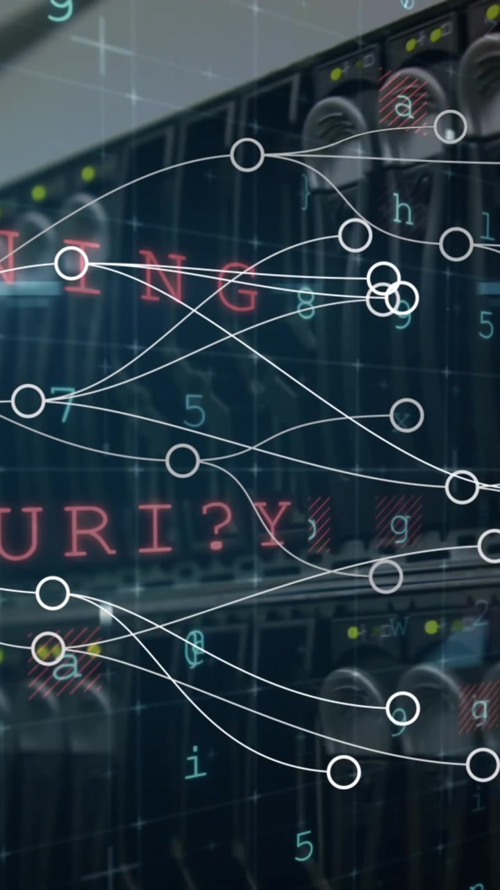 Animation of network of connections and cyberattack warning over server