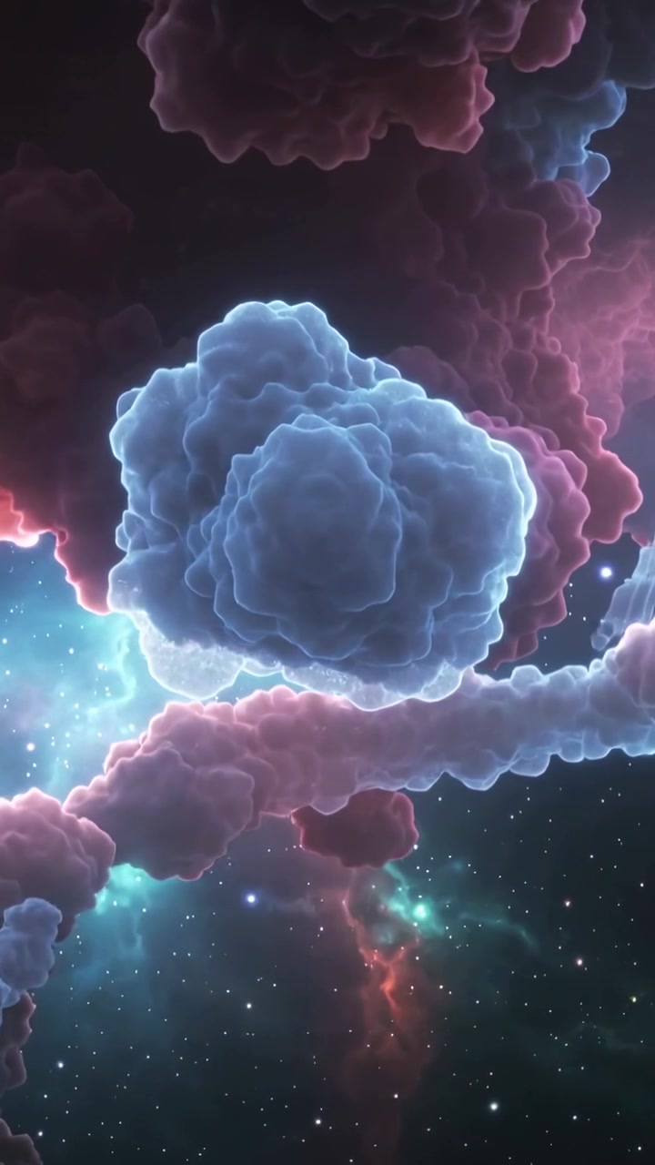 Vídeo vertical: Câmera com zoom aproximando a nebulosa azul central no espaço sideral mostrando filamento.
