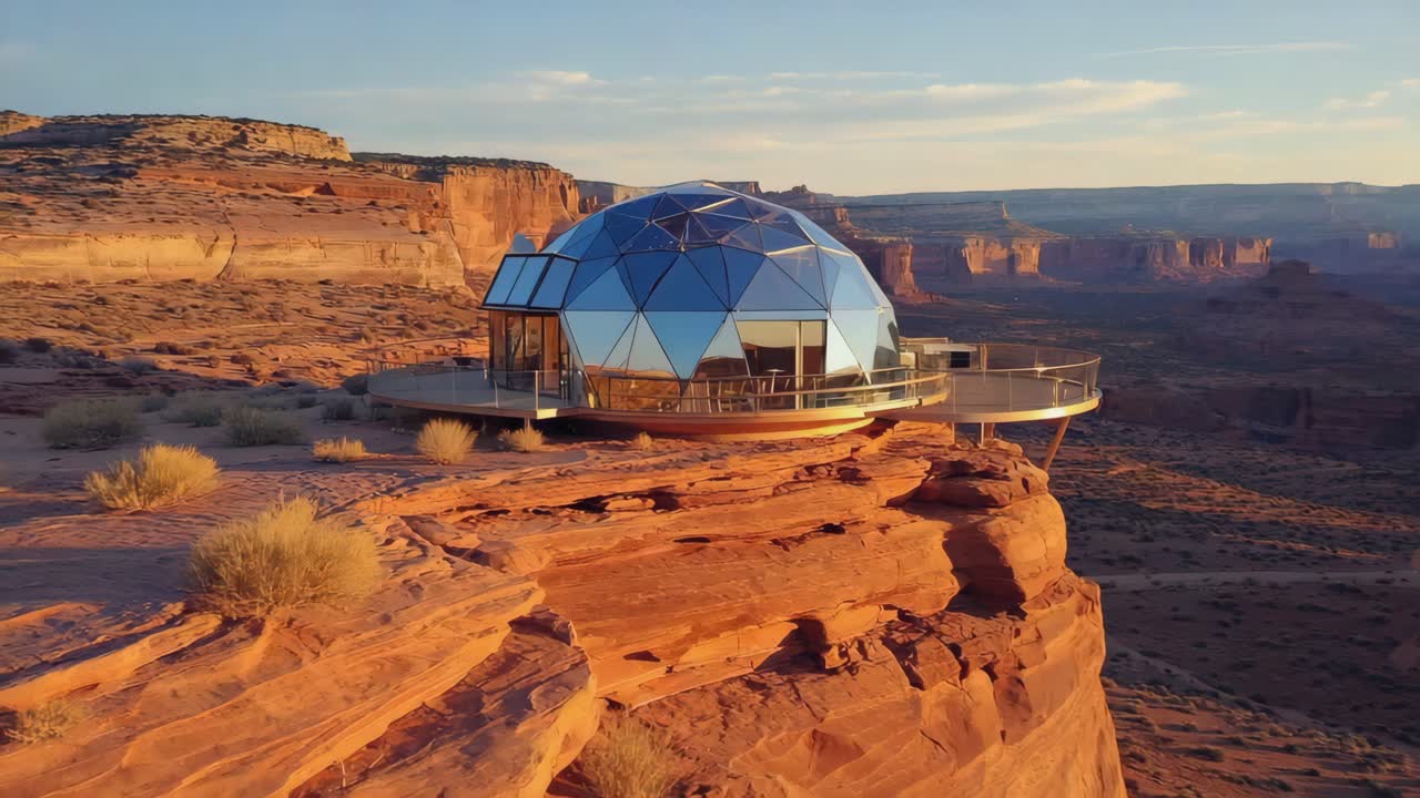 Futuristic Glass Dome Structure on a Red Rock Cliff in a Desert Landscape