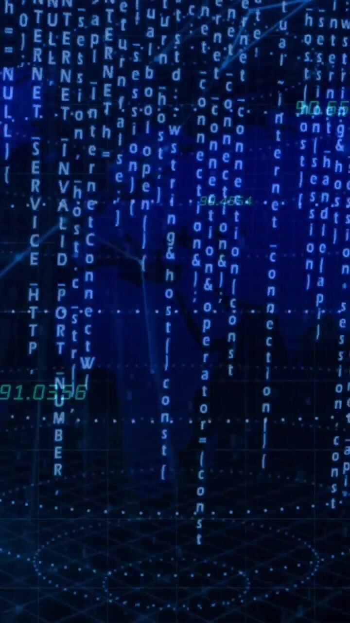 Digital code and data processing animation over blue abstract background