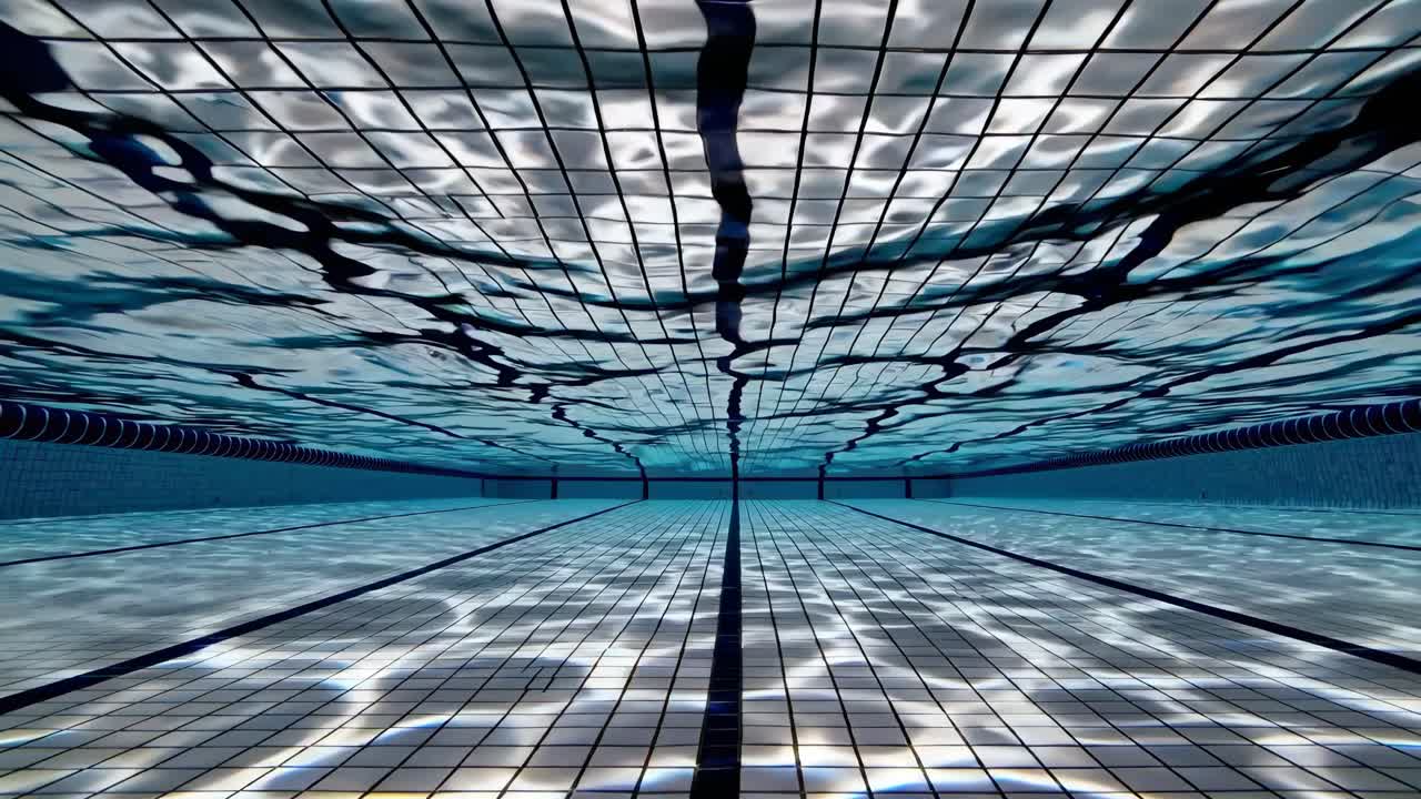 Underwater pool view with a wide-angle lens, capturing rippling reflections on tiles