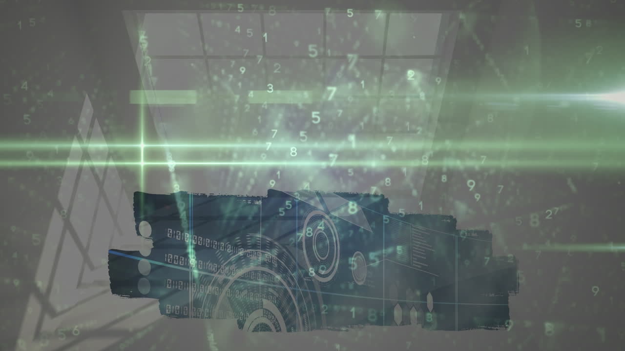 Animation of green binary code and lights over technology project