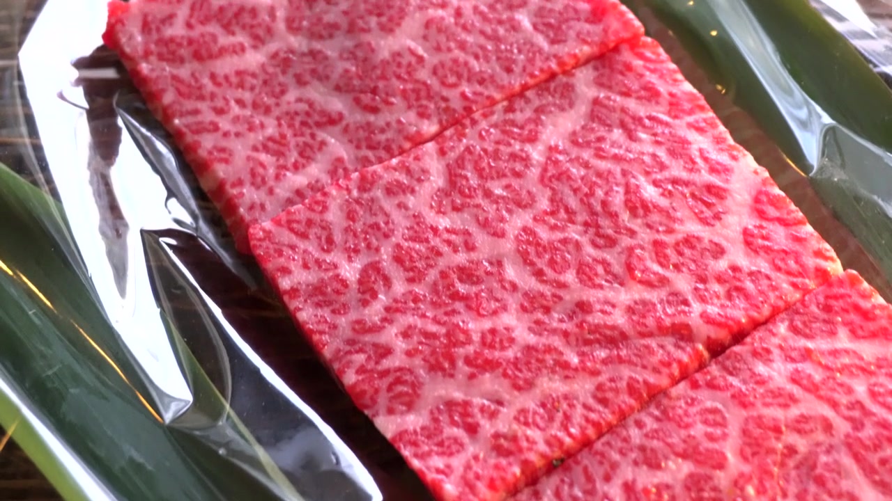 Primo piano di uno spiedino di manzo Wagyu in vendita in un negozio al mercato del pesce di Tsukiji a Tokyo, Giappone