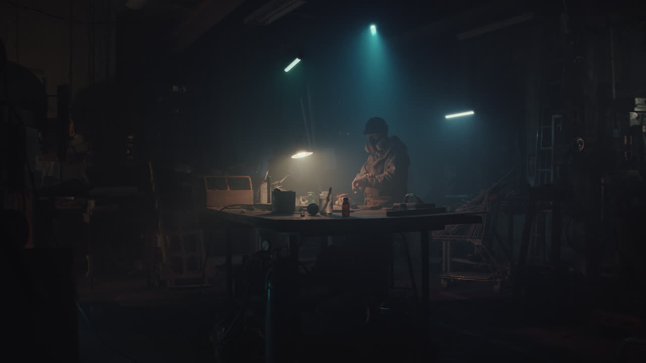 A bombmaker assembles a bomb in his workshop at night