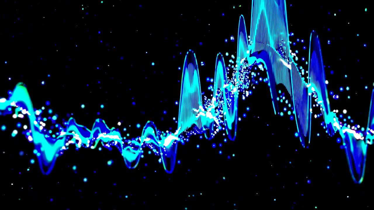 Abstract video of vibrant blue sound waves on a black background, captured from a dynamic angle