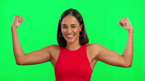 mujer, cara y campeón, flexionando en la pantalla verde