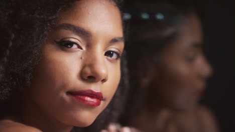 Woman,-face-and-mirror-reflection-for-dark