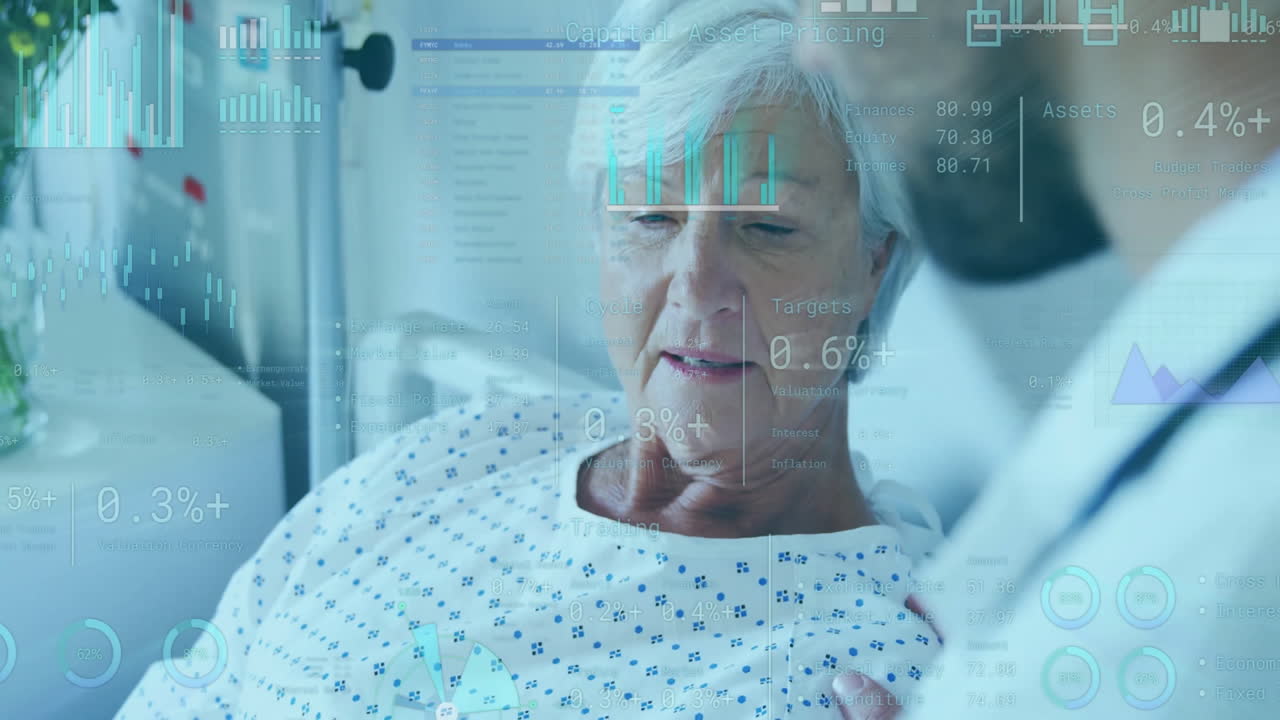 데이터 처리 및 다이어그램의 애니메이션 백인 남성 의사가 환자와 이야기합니다.