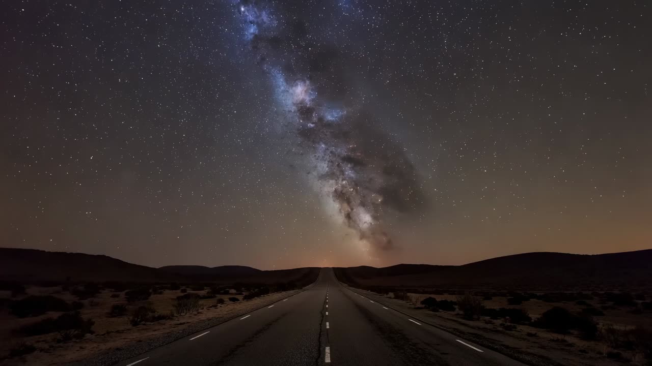 Lapso de tempo com enquadramento de câmera de uma estrada de duas pistas sob a Via Láctea enquanto a rotação da Terra move as estrelas para a direita