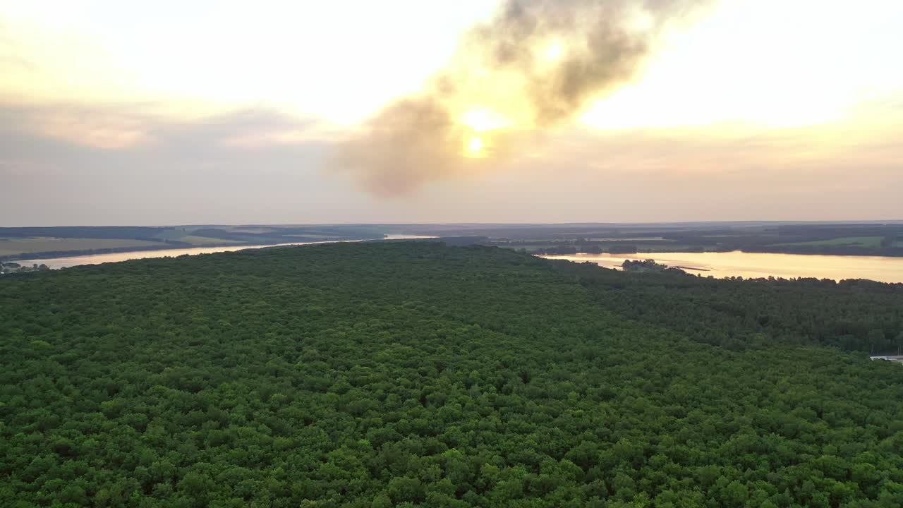 Panoramic view on green forest at sunset. Natural background of summer scenery of green trees and rivers. Aerial view. Slow motion.