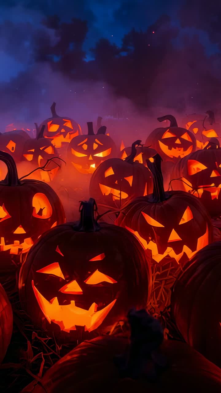 Vertical video: Revealing lit pumpkins flickering in straw field under stars, with drifting mist