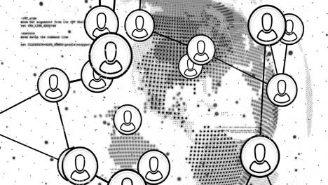 animation of media icons and data processing over globe
