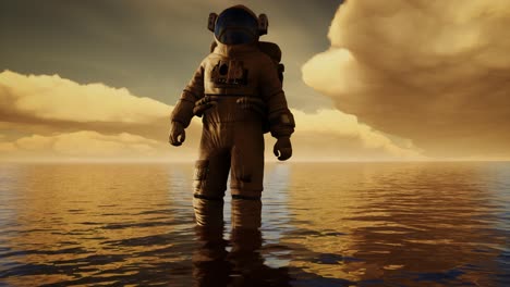 spaceman in the sea under clouds at sunset