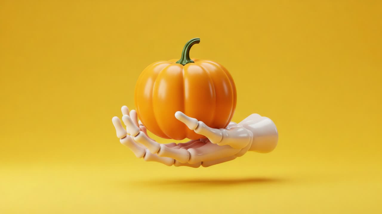 A Futuristic Robotic Hand Holding a Vibrant Orange Pumpkin Against a Bright Yellow Background, Blending Technology with Nature's Bounty in a Unique Visual Representation