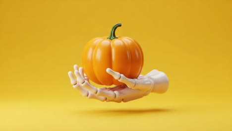 a futuristic robotic hand holding a vibrant orange pumpkin against a bright yellow background, blending technology with nature's bounty in a unique visual representation