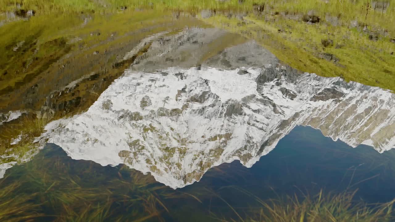 Snowcapped Mountains Reflection Close Up, High Altitude Lake Reflecting Himalayas Mountains in Calm Still Water on Popular Trekking and Hiking Route of Annapurna Circuit in Nepal