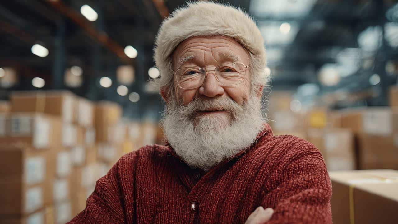 Cheerful Elderly Man in Festive Attire Smiling Amidst Warehouse Full of Packed Boxes, Radiating Warmth and Joy During the Holiday Season