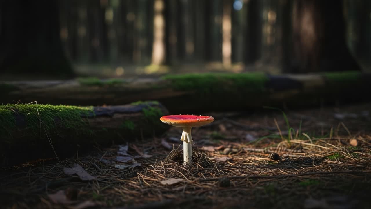A Captivating Image of a Vibrant Red Mushroom Surrounded by a Lush Forest Floor, Bathed in Soft Natural Light and Enhanced by Rich Green Moss