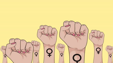 animation of multiple raise female fists, on yellow background