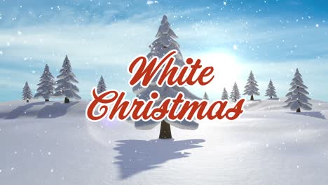 Animation-of-snow-falling-and-white-christmas-text-over-winter-landscape