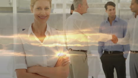 smiling businesswoman in office with handshake and sunset overlay animation