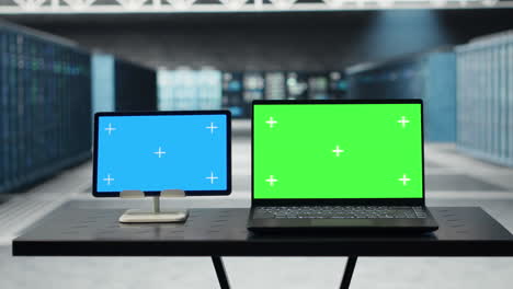 close up of isolated screen tablet and mockup laptop in data center