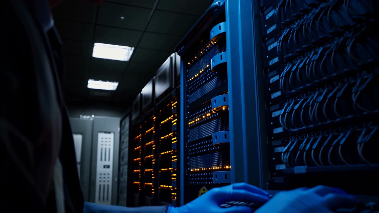 Low angle view of a dark server room corridor with rows of rack mounted equipment, glowing indicator lights, and an empty passage receding into shadow