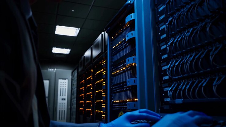 Low angle view of a dark server room corridor with rows of rack mounted equipment, glowing indicator lights, and an empty passage receding into shadow
