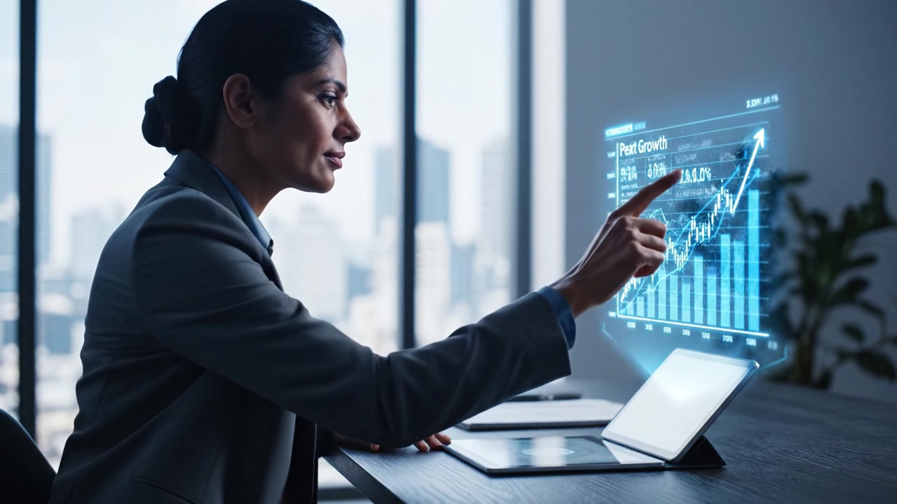 Woman Analyzing Data in Office Environment, Interacting with Digital Growth Charts on Tablet, Showcasing Professionalism and Modern Technology in Business