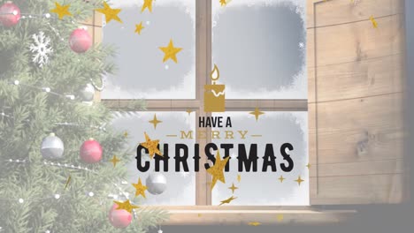 Animation-Eines-Frohe-Weihnachten-Textes-über-Fallenden-Sternen,-Weihnachtsbaum-Und-Fenster