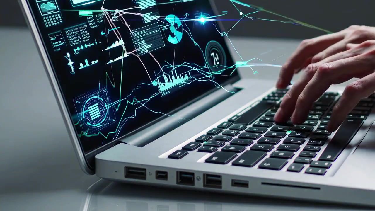 Hands Typing on Laptop with Futuristic Digital Interface