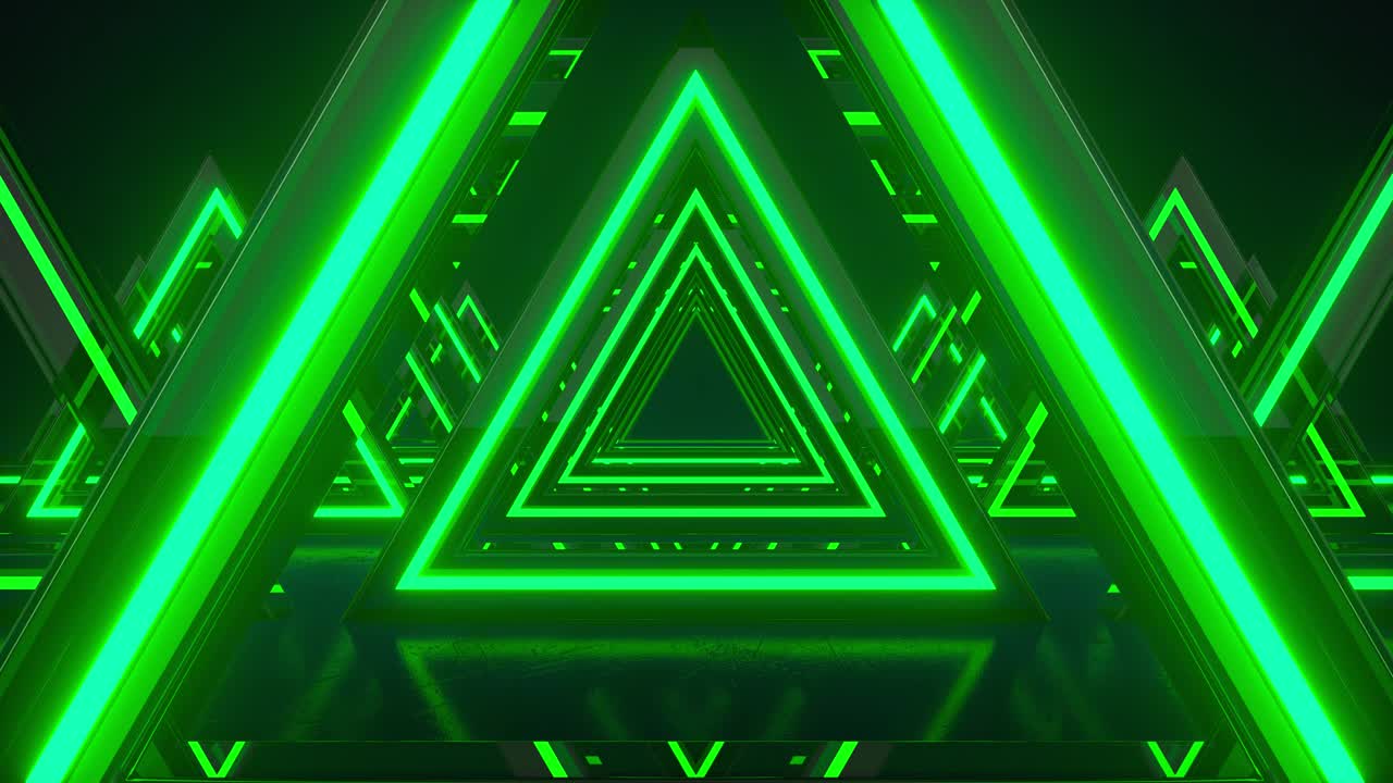 fondo abstracto, triángulos de neón verde. triángulo futuro túnel espacial. espectáculo de láser, realidad virtual, líneas brillantes, túnel, pasillo, portal triangular de neón. bucle de animación 3d en 4k