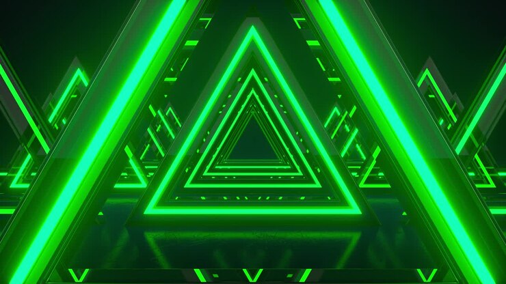 Abstract background, green neon triangles. Triangle Future Space Tunnel. Laser show, virtual reality, glowing lines, tunnel, corridor, neon triangular portal. 3d animation loop in 4K
