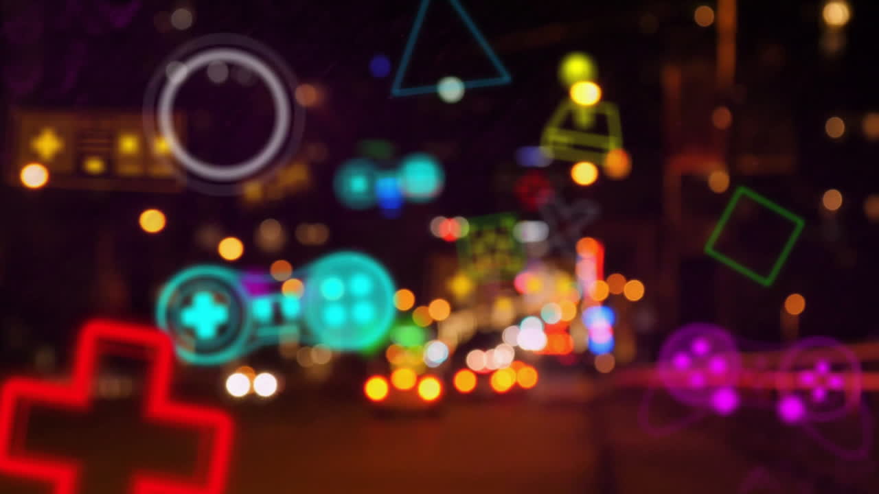 Colorful geometric shapes and symbols animation over blurred city lights at night