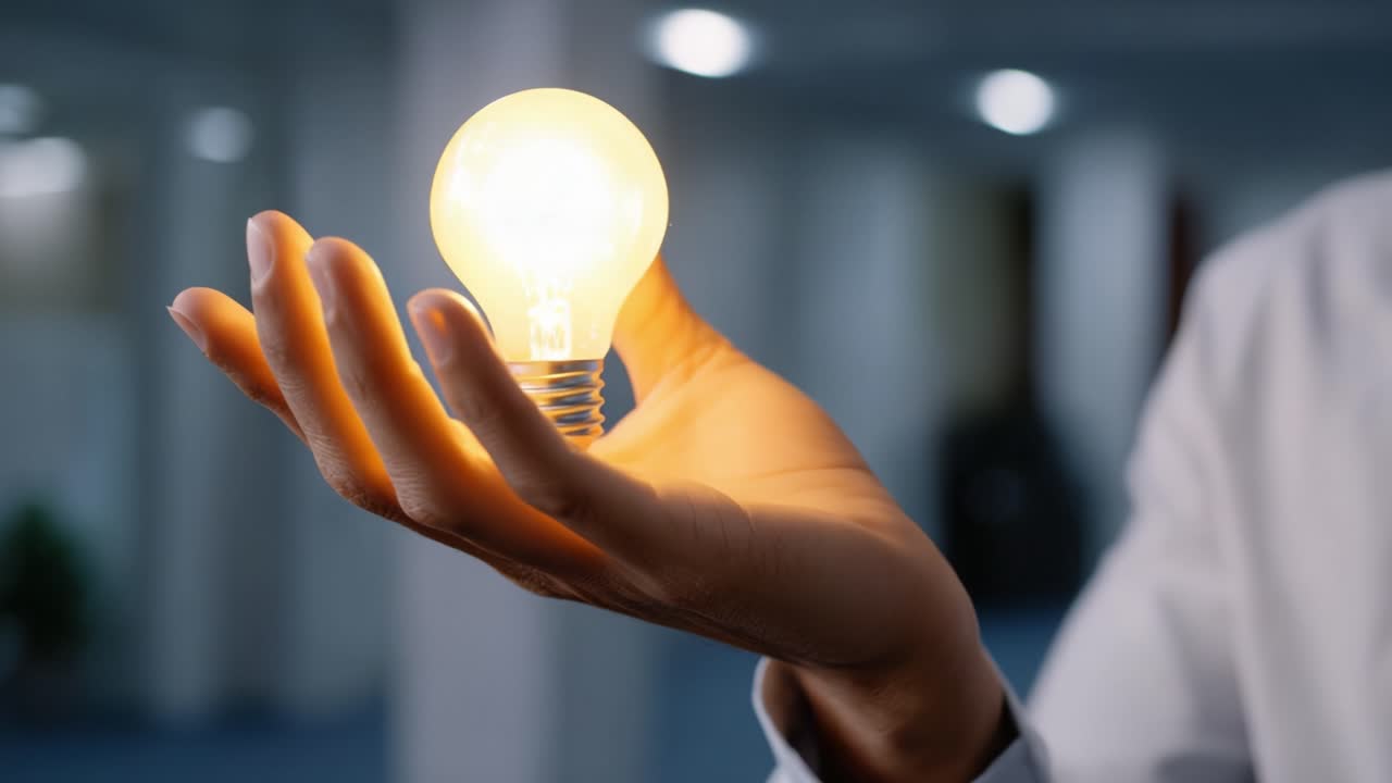 A Close-Up of a Hand Holding a Light Bulb Illuminated with Bright Light, Symbolizing Ideas and Innovation in a Modern Setting
