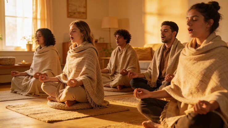 Sitting five meditators in shawls after guide cue shifting into chanting in sunlit room lit candle