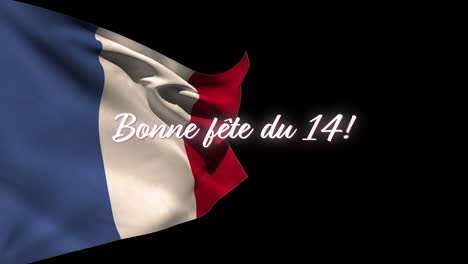 animación de bonne fete du 14 texto y bandera francesa en fondo negro