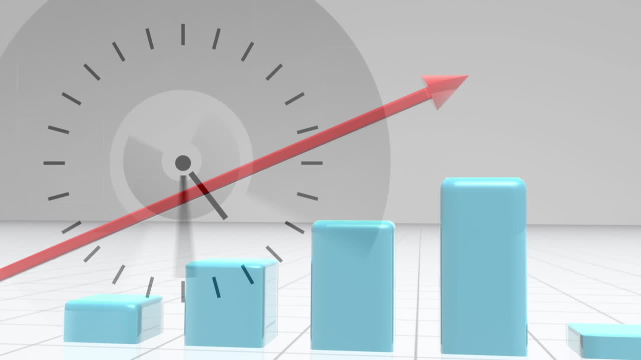 빨간 화살표에 대한 시계의 구성은 파란색 바 차트에 성장을 보여줍니다.