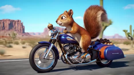 adventurous squirrel racing through the desert landscape on a classic motorcycle, enjoying the thrill of the ride with a determined expression and a tight grip on the handlebars