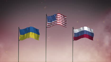 animation of three flags of ukraine, united states and russia on poles against cloudy sky at night