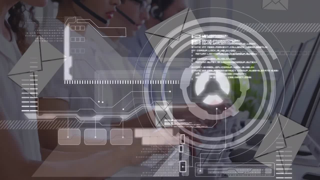 animación del procesamiento de datos financieros sobre personas de negocios que trabajan en la oficina