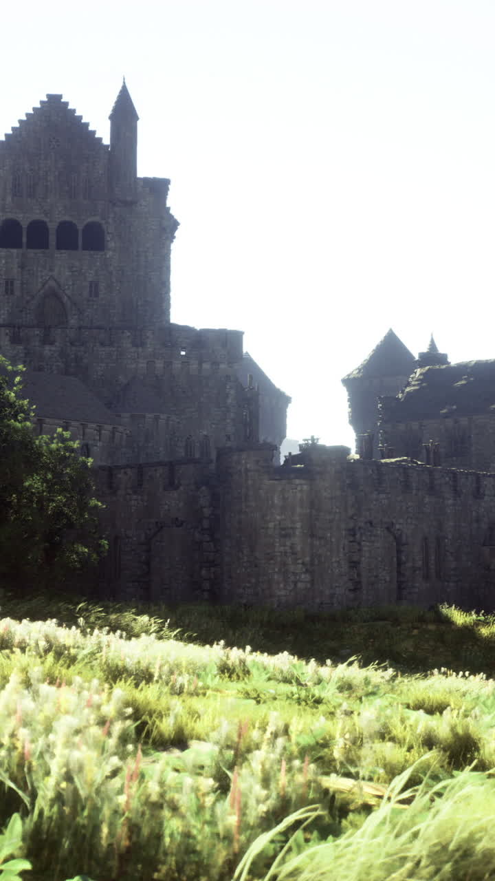 Maestoso castello medievale sullo sfondo di un cielo azzurro limpido in campagna