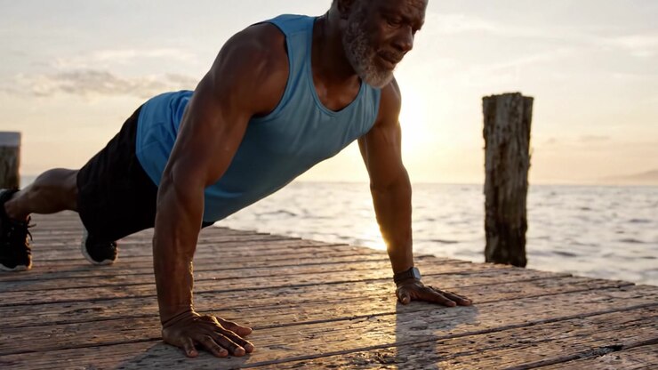 A Dedicated Individual Engaged in Strength Training Through Push-Ups at Sunset on a Pier, Emphasizing the Importance of Fitness and Perseverance