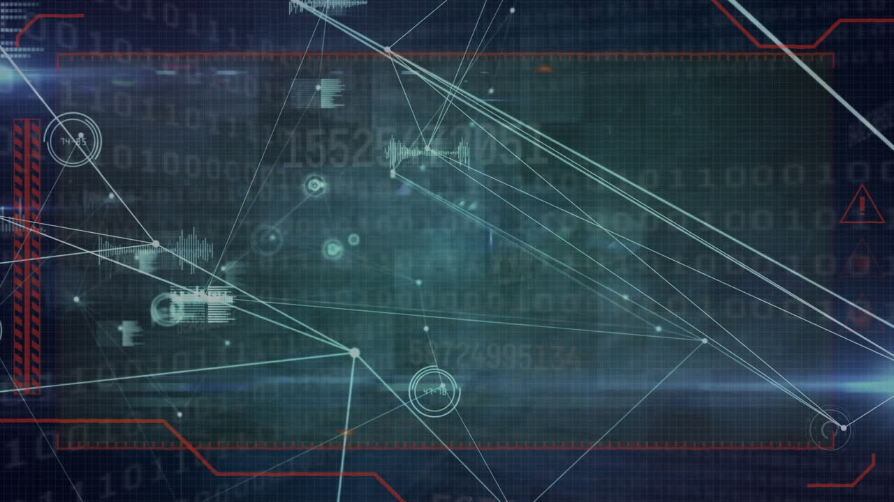 Animation of network of connections with icons over binary coding data processing