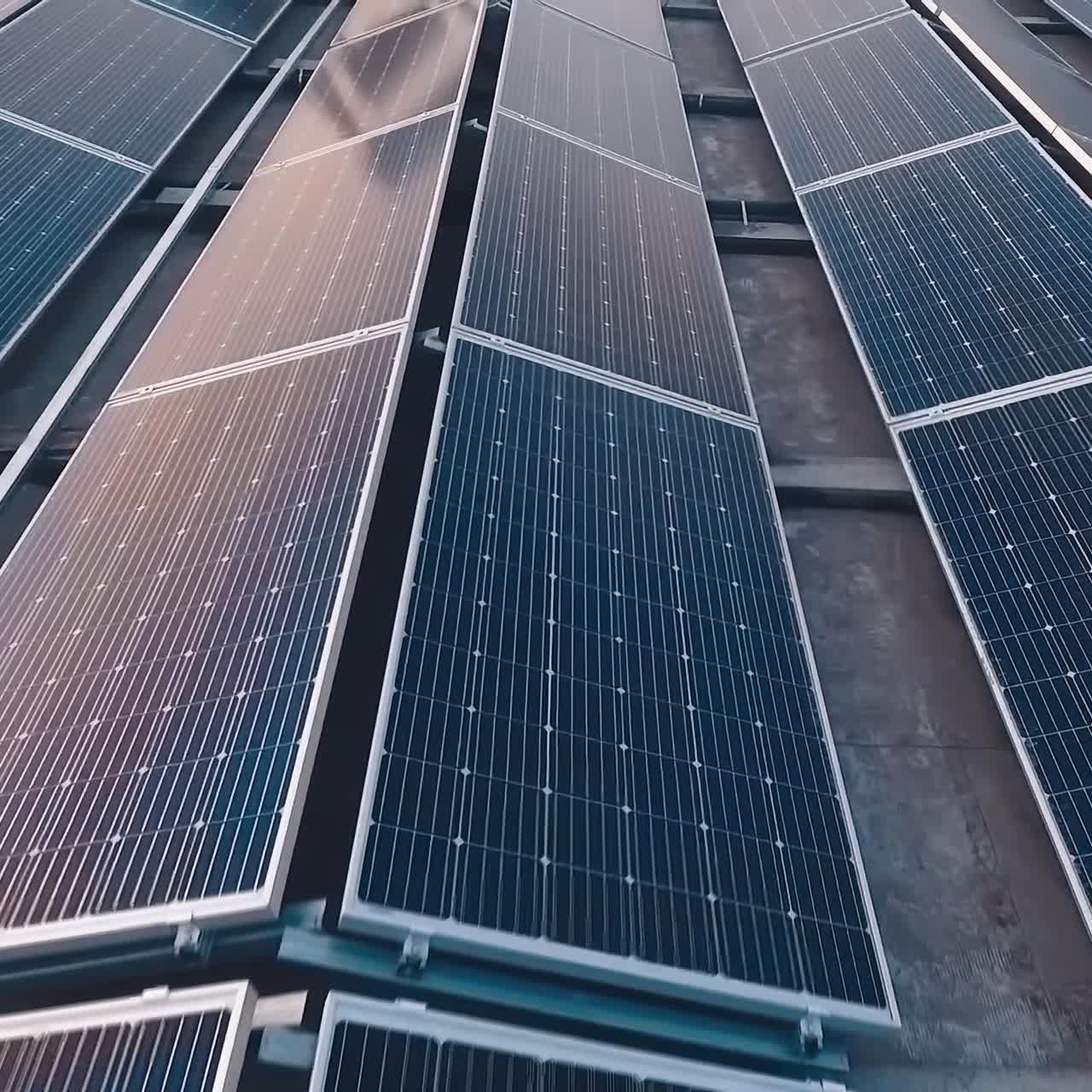 Blue solar panels for renewable energy. Rows of sunny batteries getting green alternative energy from the sun on the solar farm.