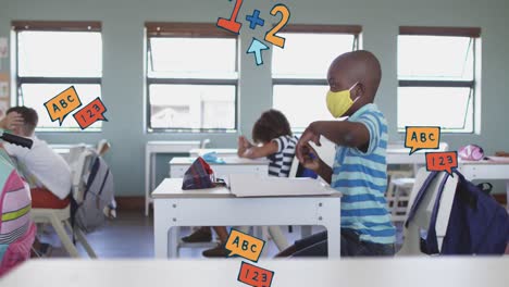 animation of falling letters and icons over diverse pupils in classroom
