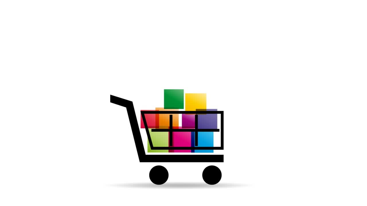 다채로운 패키지로 가득 찬 추상적인 쇼핑 카트, 애니메이션 일러스트레이션, 루프 가능한 그래픽 요소