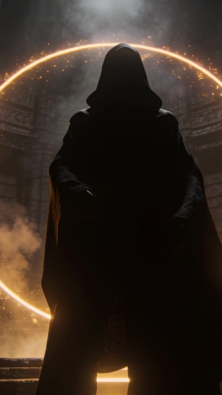 Vertical video: Pulsing ring urging cloaked figure moving down steps in smoky chamber ritualizing